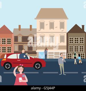 Mann Frau Leute auf der Straße und Auto mit ihrem Handy süchtig auf Bildschirm Sicherheitsproblem Stock Vektor