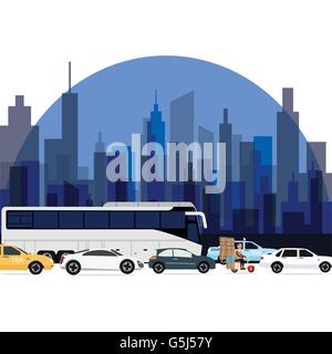 Stau rund um Stadt Autos Bus und Motorrad-Futter mit Hochhaus als Hintergrund Stock Vektor