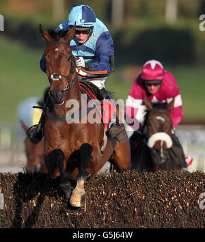 Cristal Bonus von Daryl Jacob springt als Letzter und gewinnt die Ladbrokes Steeplechase auf der Down Royal Race Course, Lisburn. Stockfoto