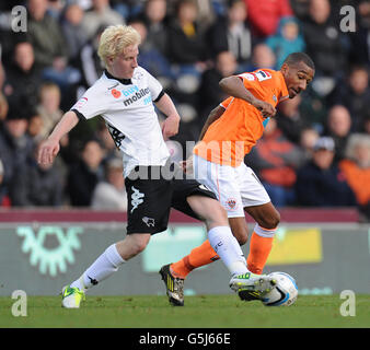 Will Hughes von Derby County (links) und Elliott Grandin von Blackpool kämpfen während des npower Football League Championship-Spiels im Pride Park, Derby, um den Ball. Stockfoto