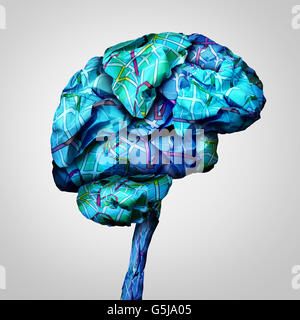 Brain Mapping psychische Gesundheit Konzept und Psychologie Herausforderung Symbol oder Brainstorming-Symbol als eine Gruppe von zerknittertes Papier Straßenkarten als eine menschliche Geist in eine 3D Darstellung Stil geprägt. Stockfoto