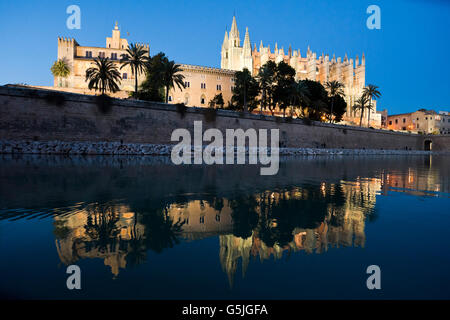 Horizontale Nacht Zeit Blick auf die Kathedrale von Santa Maria von Palma, auch bekannt als La Seu auf Mallorca. Stockfoto