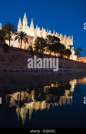 Vertikale Nacht Zeit Blick auf die Kathedrale von Santa Maria von Palma, Stockfoto