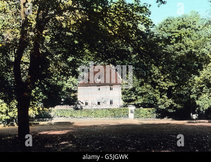 Das Gartenhaus von Johann Wolfgang von Goethe in Weimar, Thüringen, 1920er Jahre. Gartenhaus des deutschen Dichters Johann Wolfgang von Goethe in Weimar, Thüringen, 1920er Jahre. Stockfoto