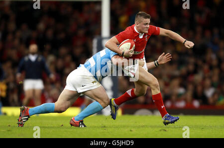 Rugby Union - Dove Men's Series - Wales / Argentinien - Millennium Stadium. Der walisische Tavis Knoyle wird vom Argentinier Marcos Ayerza während des Spiels der Dove Men Series im Millennium Stadium in Cardiff gefangen. Stockfoto