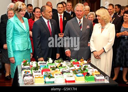 Der Prinz von Wales schneidet seine 64. Geburtstagstorte mit der Herzogin von Cornwall und dem Generalgouverneur von Neuseeland Sir Jerry Mateparae und seiner Frau Lady Janine Mateparae im Government House Wellington, Neuseeland. Stockfoto