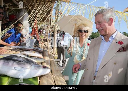 Der Prinz von Wales und die Herzogin von Cornwall sehen Fische bei einem Besuch im Dorf Boera in Papua-Neuguinea, während sie ihre Tour zum Diamantenjubiläum der Königin fortsetzen. Stockfoto