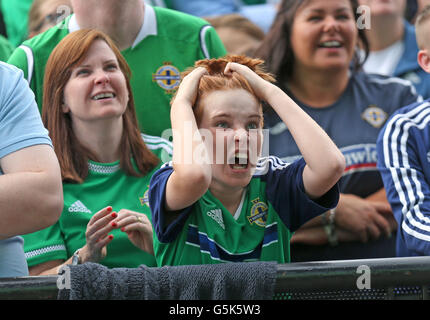 Fans zeigen ihre Unterstützung auf der Titanic Fanzone, Belfast, Nordirland gegen Deutschland in Euro 2016 beobachten. Stockfoto