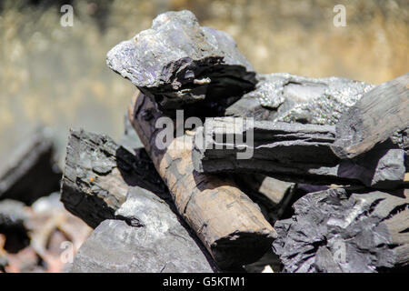 Foto von einigen Holzkohle Holzstücke und Feuer Flammen Stockfoto