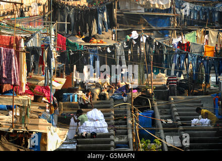 Waschmaschinen, lokal als dhobis bekannt, arbeiten im Freien, um Kleidung aus Mumbais Haushalten, Hotels und Krankenhäusern im Mahalaxmi Dhobi Ghat (Waschplatz) im Mahalaxmi-Viertel von Mumbai, Indien, zu waschen. Stockfoto