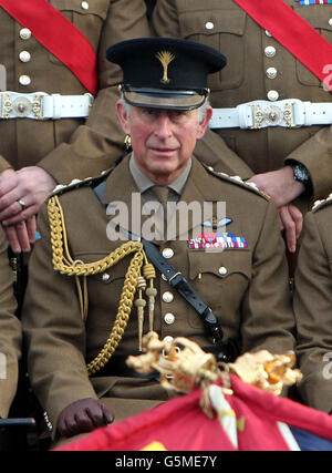 Der Prinz von Wales posiert für ein Gruppenfoto, nachdem er präsentiert Operational Service Medaillen, als er nach Hause die 1. Bataillon Welsh Guards, die vor kurzem aus Afghanistan in Kavallerie Barracks, Hounslow, West London zurückgekehrt. Stockfoto