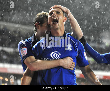 Peter Lovenkrands von Birmingham City feiert sein Tor gegen Derby County. Stockfoto