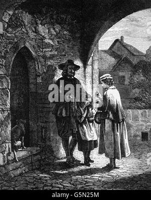 John Bunyan mit seiner Frau und blinde erste Tochter, Mary, geboren im Jahre 1650, vor den Toren von Bedford Gaol. Bunyan war ein englischer Schriftsteller und Baptisten-Prediger am besten in Erinnerung als des Autors der christliche Allegorie "Die Pilgerreise". Stockfoto