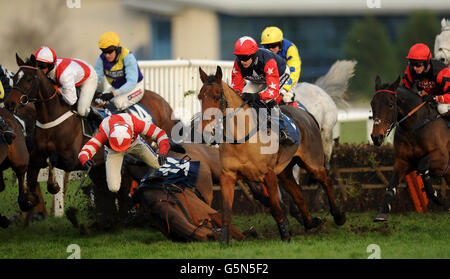 Der Jockey Ruby Walsh stürzt sich während der Pertemps Handicap-Hürde während des Sportingbet Winter Festivals auf der Rennbahn Newbury auf Curtain Razer. Stockfoto