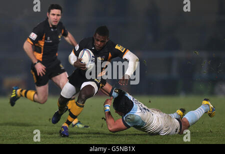 Wesps' Christian Wade wird von Manu Ahota'e'iloa aus Bayonne während des Amlin Challenge Cup Spiels im Adams Park, Wycombe, angegangen. Stockfoto