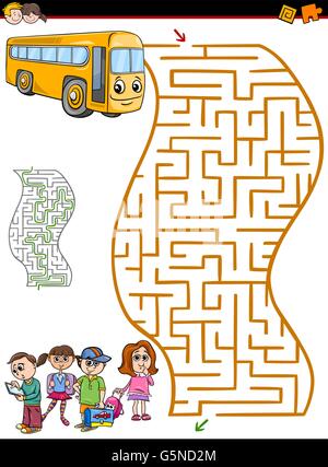 Cartoon-Illustration der Bildung Irrgarten oder Labyrinth Aktivität Aufgabe für Kinder im Vorschulalter mit Schulbus und Kinder Stock Vektor