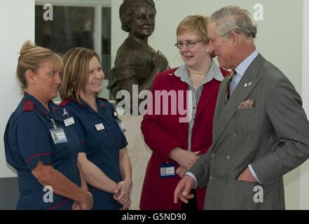 Der Prinz von Wales trifft Mitarbeiter während seines Besuchs im Zentrum für Verteidigungsmedizin im Queen Elizabeth Hospital Birmingham. Stockfoto