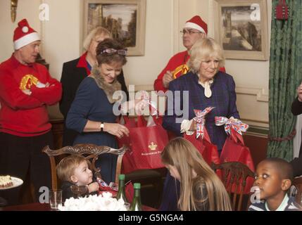 Die Herzogin von Cornwall trifft ihre Gäste, als sie eine Gruppe von Jugendlichen nach Clarence House, London, einlud, um bei der Dekoration ihres Weihnachtsbaums mitzuhelfen. DRÜCKEN Sie VERBANDSFOTO. Bilddatum: Mittwoch, 12. Dezember 2012. Camilla kam in den festlichen Geist und wurde von Kindern mit lebensverkürzenden Krankheiten gekonnt unterstützt. Die acht Jugendlichen, die vom Helen & Douglas House Hospiz aus Oxford unterstützt werden, legten nicht nur Kugeln auf den Baum, sondern genossen auch ein Knaller-und-Mash-Mittagessen mit der Herzogin. Camilla ist Schirmherrin des Hospizes, das für Jugendliche Erholung und Lebensende bietet Stockfoto