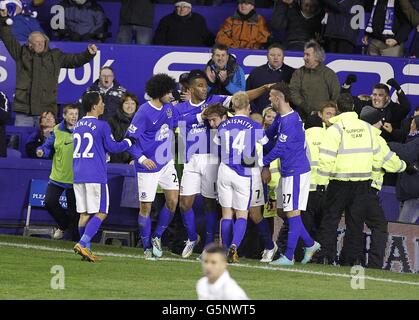 Fußball - Barclays Premier League - Everton gegen Tottenham Hotspur - Goodison Park. Evertons Nikica Jelavic feiert das zweite Tor seiner Mannschaft im Spiel mit seinen Teamkollegen Stockfoto