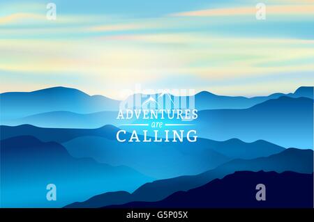 Blau Sonnenaufgang in den Bergen - Vector Background. Zeichen Abenteuer fordern Stock Vektor