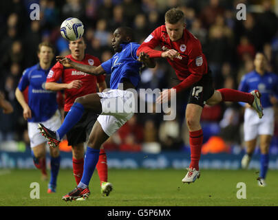 Rob Hall von Birmingham City stellt sich während des npower Championship-Spiels in St. Andrews, Birmingham, der Herausforderung von Aron Gunnarsson aus Cardiff City. Stockfoto