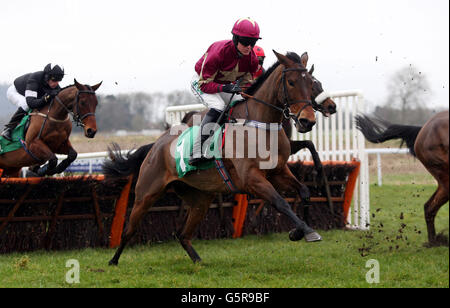 Alberobello von Nick Schofield auf dem Weg zum Sieg in der Harold R Johns Monmouthshire Maiden Hürde während des January Sale Race Day auf der Chepstow Racecourse, Monmouthshire. Stockfoto