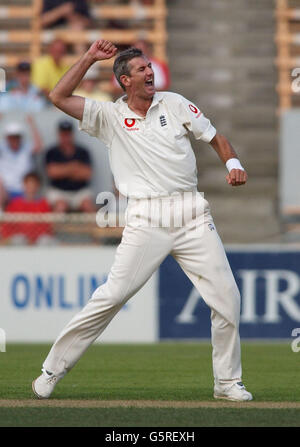 Der Engländer Andrew Caddick feiert, nachdem er das Wicket des Neuseelands Ian Butler gewonnen hat, der von James Foster für 4 Läufe während des ersten Testkampfs im Jade Stadium, Christchurch, Neuseeland, gefangen wurde. England gewann mit 98 Läufen. Stockfoto