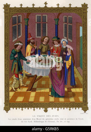 Judentum, Feste, Passah, Miniatur aus einem Missal, 15. Jahrhundert, Chromolithographie, Frankreich, 19. Jahrhundert, Zusatzrechte-Clearenzen-nicht vorhanden Stockfoto