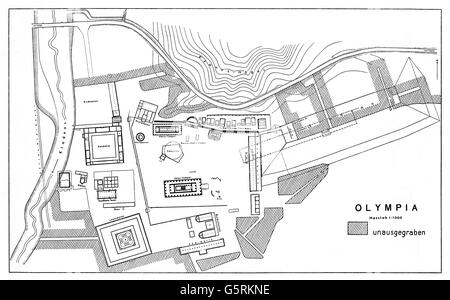 Geographie / Reisen, Griechenland, Olympia, Lageplan des heiligen Bezirks, Zeichnung zu einem Artikel von Professor Felix Eckstein, 1955, Zusatz-Rechte-Clearences-nicht vorhanden Stockfoto