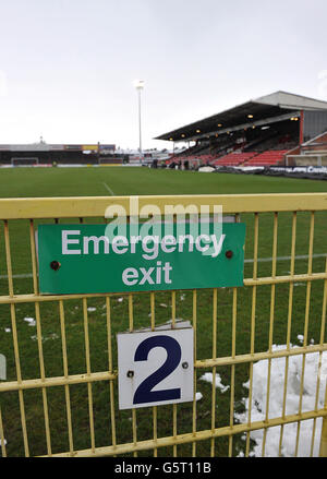 Fußball - npower Football League Two - York City / Aldershot Town - Bootham Crescent. Allgemeine Ansicht eines Notausgangs-Schilds am Bootham Crescent Stockfoto