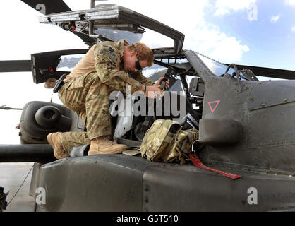 Zuvor unveröffentlichtes Bild vom 31/10/2012 von Prinz Harry oder einfach nur Captain Wales, wie er in der britischen Armee bekannt ist, an der britischen Fluglinie im Camp Bastion Süd-Afghanistan, wo er als Apache Helicopter Pilot/Gunner mit 662 SQD Army Air Corps dient, Ab September 2012 für vier Monate bis Januar 2013. Stockfoto