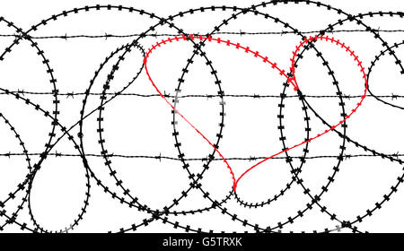 Natürliche Herzform (Digital rot) in Widerhaken Drahtzaun auf weißem Hintergrund. Freiheit, Frieden und Mitgefühl Konzepte Stockfoto