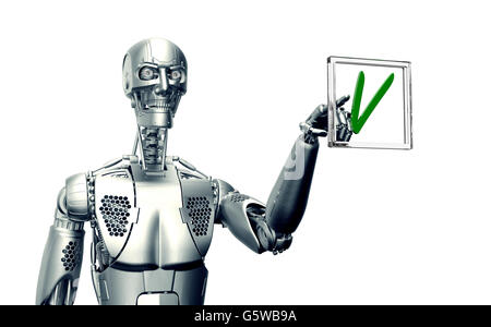 humanoide Roboter, die isoliert auf weiss mit Beschneidungspfad, 3d illustration Stockfoto