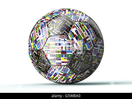 Fußball mit allen Flaggen der Welt isoliert auf weiss, 3d Illustration Stockfoto