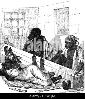 Sklaverei, Bestrafung, farbige Sklaven im Bestand, Südstaaten der USA, Holzstich, 'Illustrierte Zeitung', Leipzig, 1846, Zusatzrechte-Clearences-nicht vorhanden Stockfoto