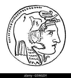 Geld / Finanzen, Münzen, Griechenland, Münze, mit Kopf von Alexander Groß als Eroberer Indiens, geprägt von Ptolemäus I., Ägypten, 4. Jahrhundert v. Chr., Holzstich, aus: Buch der Erfindungen, Gewerbe und Industrie, Otto-Spamer-Verlag, Leipzig - Berlin, 1864 - 1867, Additional-Rights-Clearences-not available Stockfoto