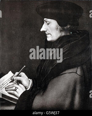 Erasmus von Rotterdam, 27.10.1467 (?) - 12.7.1536, deutscher Gelehrter, halbe Länge, Mezzotint, 19. Jahrhundert, nach dem Gemälde von Hans Holbein dem Jüngeren, 1523, Artist's Urheberrecht nicht geklärt zu werden. Stockfoto