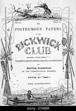 Dickens, Charles, 7.2.1812 - 9.7.1870, englischer Autor/Schriftsteller, Werke, "The Posthumous Papers of the Pickwick Club", Titelseite, erste Ausgabe, Chapman & Hall, London, 1837, Stockfoto