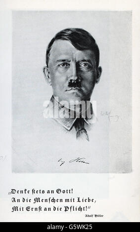 Hitler, Adolf, 20.4.1889 - 30.4.1945, deutscher Politiker (NSDAP), Porträt, von: "Bilderatlas zu den bayerischen Lesebüchern" (Bildatlas zu den Bayerischen Storybüchern), 1. Ausgabe, Märchen, Herausgeber: Bayerische Milchversorgung, Nürnberg, Druck: F.Bruckmann AG, München, 1930er Jahre, Stockfoto