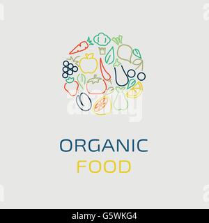 Vektor-Logo-Design-Vorlage mit Obst und Gemüse Symbole in trendigen linearen Stil Stock Vektor