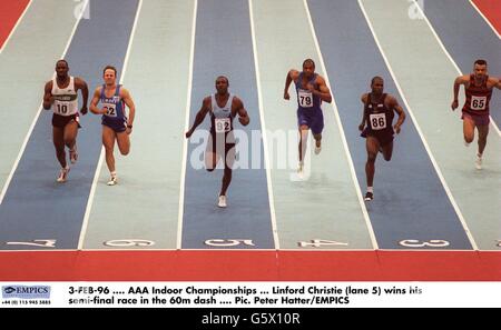 3-FEB-96, AAA Indoor Championships, Linford Christie (Lane 5) gewinnt sein Halbfinale im 60-Meter-Strich Stockfoto