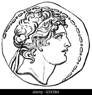 Antiochus IV. Epiphanes, ca. 215 - 164 v. Chr., König des Seleukidenreiches 187 - 164 v. Chr., Porträt, Tetradrachm, ca. 168 v. Chr., Holzgravur, 19. Jahrhundert, Stockfoto