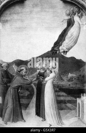 St. Franziskus von Assisi, ca. 1181 - 3.10.1226, italienischer Geistlicher, Heiliger, mystischer Ehe, nach dem Gemälde von Sano di Pietro, 15. Jahrhundert, Musee Conde, Chantilly, Postkarte, Frankreich, ca. 1900, Stockfoto