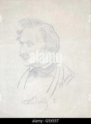 Ludwig I., 25.8.815 - 29.2.1868, König von Bayern 16.2.188 - 20.3.1848, Porträt, Bleistiftzeichnung von Joseph Dussler, 1830er Jahre, Stockfoto
