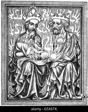 Karl IV., 14.5.1316 - 19.11.1378, Römisch-Deutscher Kaiser 5.4.1355 - 19.11.1378, volle Länge, mit Sohn König Wenceslaus IV., Miniatur aus der "Goldenen Bulle", 1356, Stockfoto