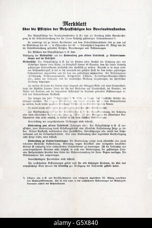 Nationalsozialismus / Nationalsozialismus, Militär, Verwaltung, Dokumente, Anweisungen über die Pflichten von Wehrpflichtigen im Zustand des Furlough, 2. Hälfte 1930er Jahre, Zusatzrechte-Clearences-nicht vorhanden Stockfoto