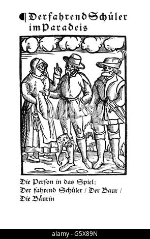 Sachs, Hans, 5.11.1494 - 19.1.1576, deutscher Autor/Schriftsteller und meistersinger, Werke, shrovetide-stück, 'Der fährende Schueler im Paradeis' ('Der Reisende Gelehrte im Paradies'), 1550, Stockfoto