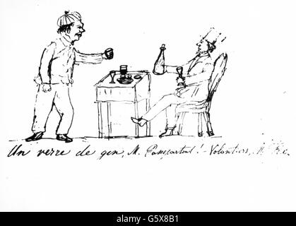 Tolstoi, Leo Nikolajewitsch, 9.9.1825 - 20.11.1910, russische Autor/Verfasser, Zeichnungen zu den Roman "In 80 Tagen um die Welt" von Jules Verne, Ende des 19. Jahrhunderts, Artist's Urheberrecht nicht gelöscht werden Stockfoto