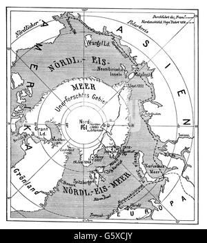 Kartographie, Karte, arktisch, mit Routen der Schiffe 'Vega' von Adolf IT Nordenskioeld 1878 und 'Fram' von Fridtjof Nansen 1893 - 1896, Holzstich, Zusatzrechte-Freilichtungen-nicht vorhanden Stockfoto