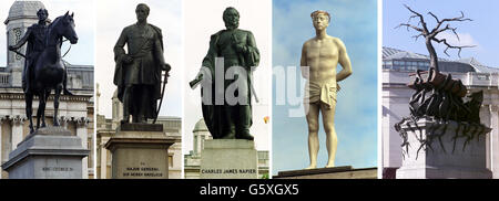 Zusammengesetztes Bild der drei permanenten Statuen am Trafalgar Square, von links: König George IV., Generalmajor Sir Henry Havelock und Charles James Napier. Sie wurden von einem Wachsfigurenkabinett des englischen Fußballstars David Beckham begleitet, das dort von Madame Tussaud's platziert wurde. * aber die Chance, dass er dauerhaft dort bleibt, ist gering, nachdem ein Sprecher der Greater London Authority bestätigt hat, dass der Sockel auch in naher Zukunft für Kunstwerke genutzt werden wird. Andere Gegenstände, die auf dem leeren Sockel platziert wurden, sind Ecce Homo (zweite rechts) und ein 11 Tonnen schweres Bronzewerk (rechts) des Bildhauers Bill Stockfoto